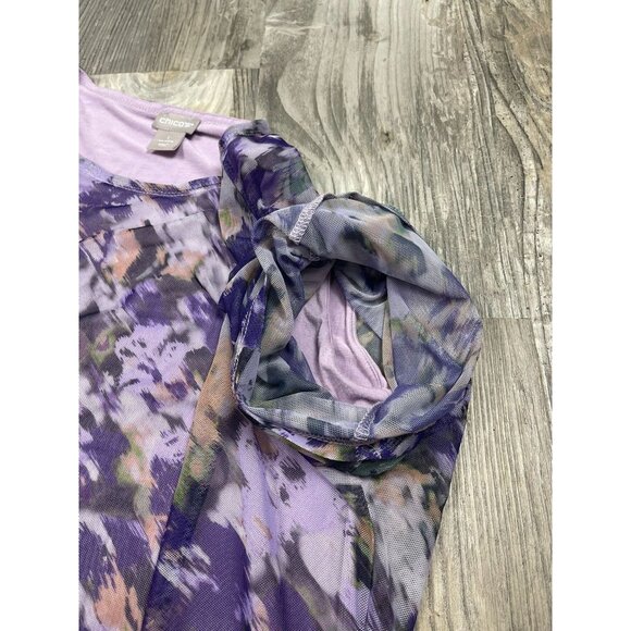 Chicos Purple Watercolor 3/4 Sleeve Double Layer Shirt 1 Medium Mesh Top Blouse - Picture 4 of 7